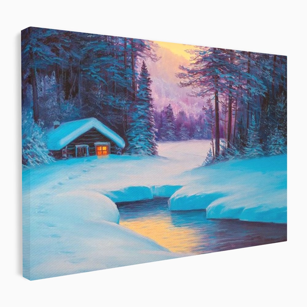 Tablou canvas cu pictura cu cabana inzapezita si parau, fara rama, pe sasiu de lemn